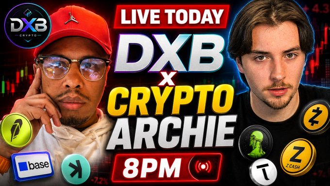 The image is a promotional graphic featuring two men—one wearing a red Jordan cap and glasses on the left, and another with dark hair on the right—alongside text announcing "LIVE TODAY DXB x CRYPTO ARCHIE 8PM," surrounded by various crypto logos including Base, Zcash, Pepe, and Dash, matching the post's call to "Be there!" for a live crypto discussion.