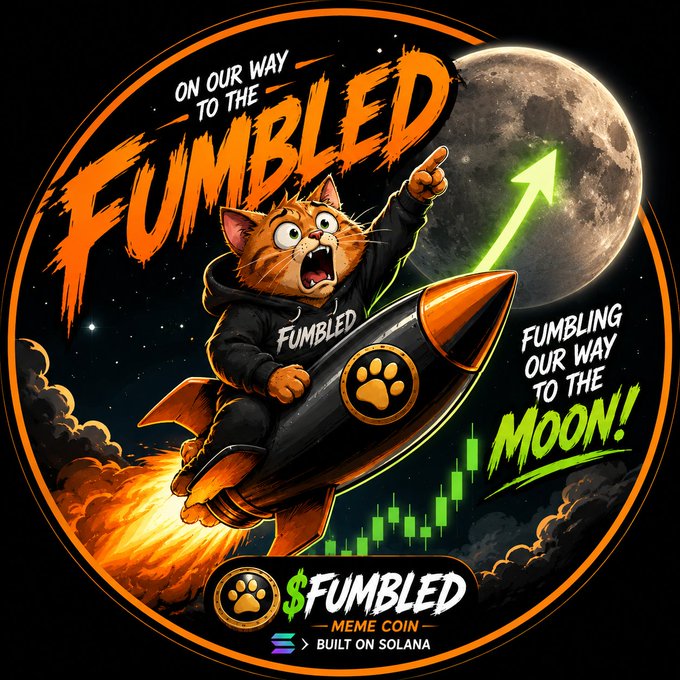 A vibrant meme coin graphic for '$FUMBLED MEME COIN' built on Solana, depicting a panicked orange cat riding a rocket toward the moon with the phrases 'ON OUR WAY TO THE FUMBLED' and 'FUMBLING OUR WAY TO THE MOON!'