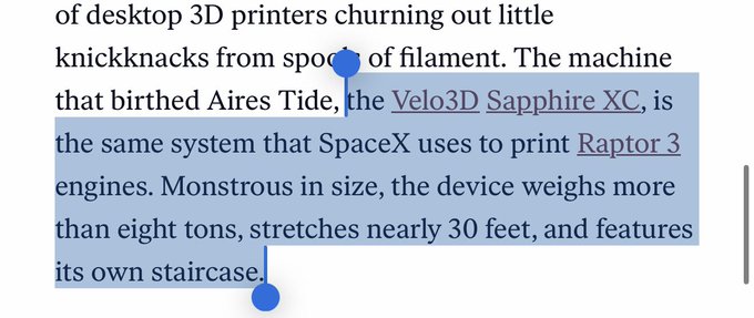 The image shows a highlighted text excerpt about a desktop 3D printer that birthed Aires Tide, the Velo3D Sapphire XC—described as the same system SpaceX uses to print Raptor 3 engines, weighing over eight tons and stretching nearly 30 feet. The excerpt ties directly to the $VELO ticker, referencing Velo3D's Sapphire XC technology as a notable mention in the article.