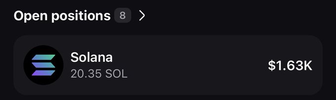 A dark-themed crypto wallet interface showing 8 open positions, with a Solana holding of 20.35 SOL valued at $1.63K.