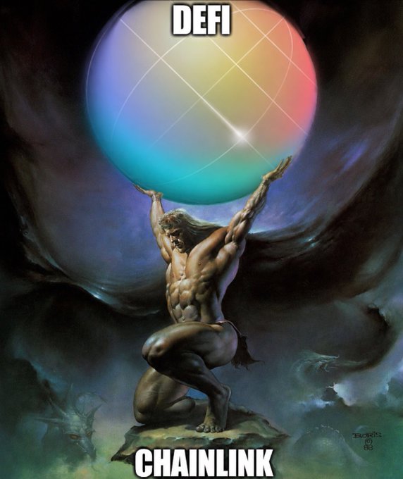 The image is a parody of Frank Frazetta's iconic "At the Earth's Core" painting, showing a muscular barbarian holding aloft a rainbow-colored sphere labeled "DEFI" while standing on a rock marked "CHAINLINK." It visually represents the post's message about $LINK (Chainlink) supporters championing decentralized finance, depicting Chainlink as the heroic foundation supporting the colorful world of DeFi.