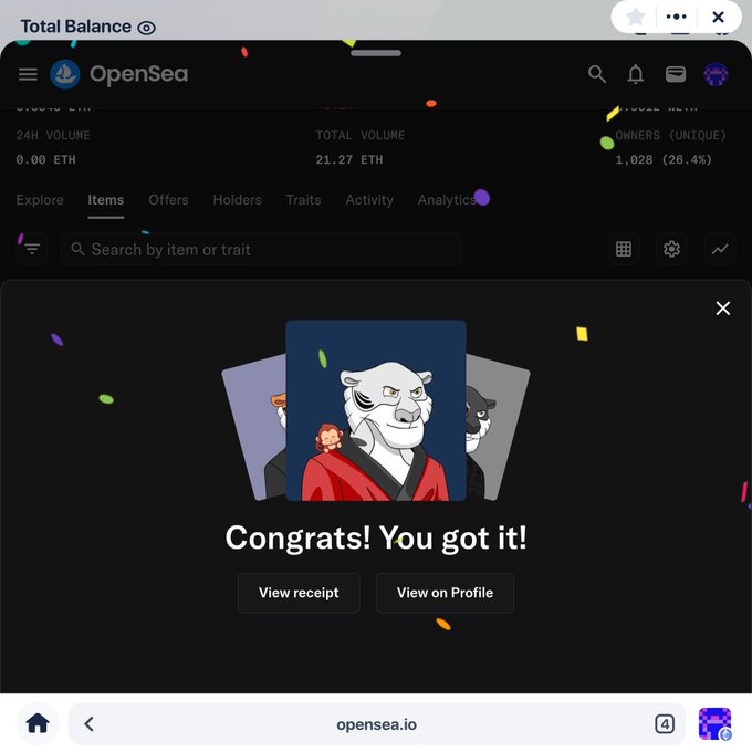 OpenSea NFT marketplace screenshot showing a 'Congrats! You got it!' purchase confirmation with an anime-style character avatar, with 24H Volume at 0.00 ETH, Total Volume 21.27 ETH, and 1,028 (26.4%) unique owners.
