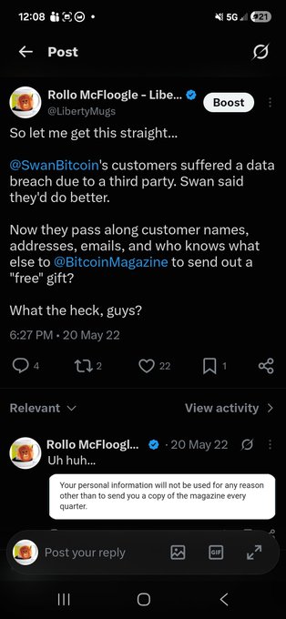 A tweet from Rollo McFloogle (@LibertyMugs) criticizing Swan Bitcoin for passing customer data to Bitcoin Magazine, stating 'What the heck, guys?'