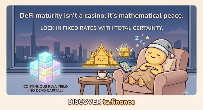 A promotional graphic reads 'DeFi maturity isn't a casino; it's mathematical peace' and 'LOCK IN FIXED RATES WITH TOTAL CERTAINTY,' featuring a sleeping cartoon character and 'DISCOVER ts.finance' with sctUSD and syrupUSDC tokens.