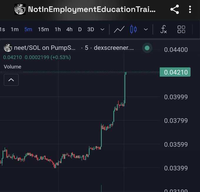 A trading chart from user NotInEmploymentEducationTrai... showing the neet/SOL token pair on PumpS.../dexscreener, with a 5-minute candle chart displaying price movement from around 0.034 to 0.044 (+0.53%).