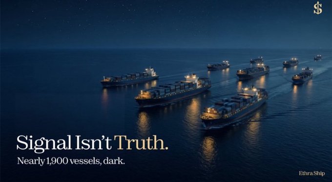 A Wall Street Journal graphic showing multiple cargo ships at sea at night with the text 'Signal Isn't Truth. Nearly 1,900 vessels, dark.'