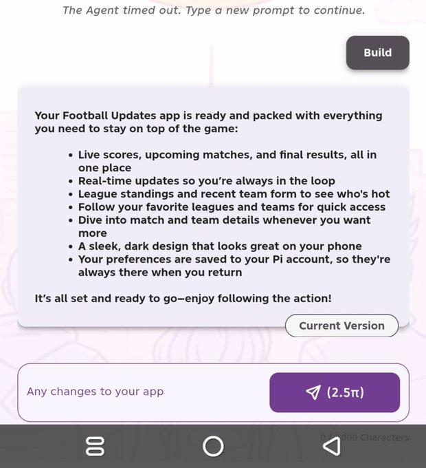 A screenshot of an app building interface displaying a completed 'Football Updates app' summary, with a note at the top stating 'The Agent timed out. Type a new prompt to continue.'