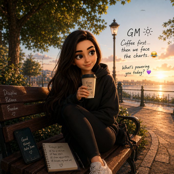 A digital illustration of a young woman sitting on a park bench holding a coffee cup, with text including 'GM', 'Coffee first... then we face the charts', 'What's powering you today?', and a list of today's goals.