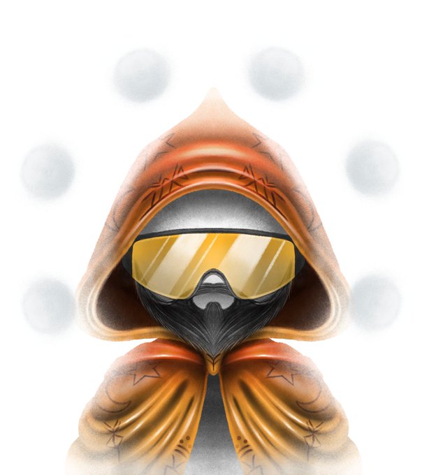 A hooded figure wearing reflective gold goggles and a black face mask stands against a backdrop of floating orbs, evoking a mysterious sci-fi vibe that complements the post's excitement about a standout gift and the collector's enthusiasm for acquiring more.