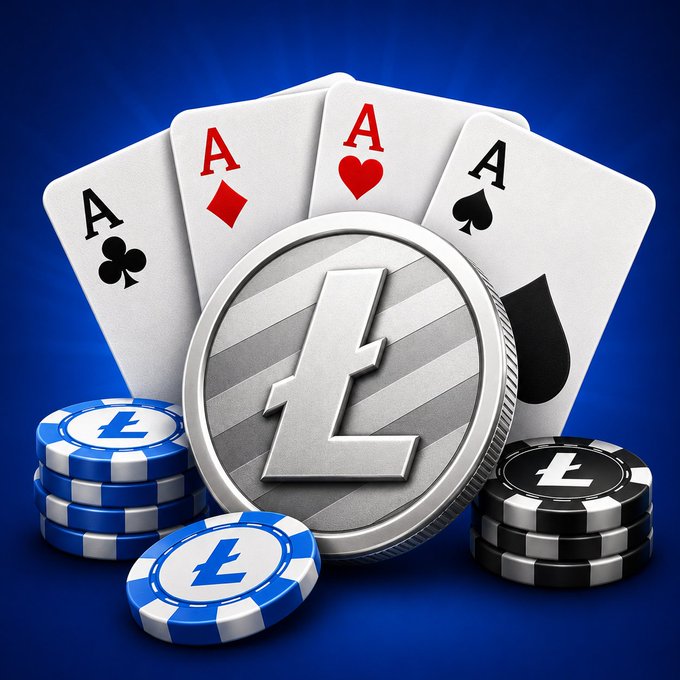 The image features a collection of poker chips, including four playing cards (Ace of Spades, King of Diamonds, Queen of Hearts, and Jack of Clubs) and two stacks of poker chips with one stack being blue and white while the other is black and white. The poker chips are placed on top of a silver coin that has the word "LTC" written on it. The image also includes a post about playing Photon Poker to earn Litecoin, which suggests that there might be an advertisement or promotion related to the poker game in the image.