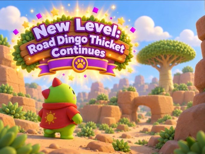 A promotional graphic reading "New Level: Road Dingo Thicket Continues" featuring a green, horned character in a red sun shirt looking out over a stylized desert canyon landscape.