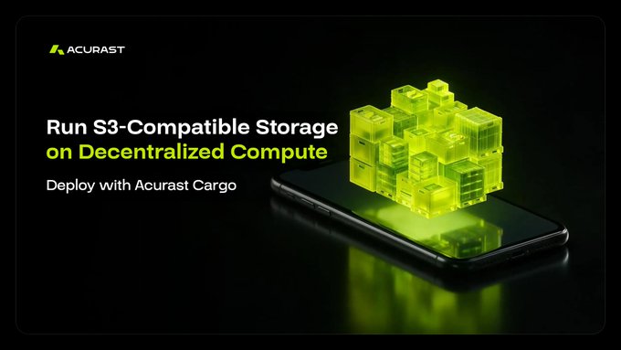 A promotional banner for Acurast featuring the text 'Run S3-Compatible Storage on Decentralized Compute' and 'Deploy with Acurast Cargo', showing glowing green server racks floating above a smartphone.