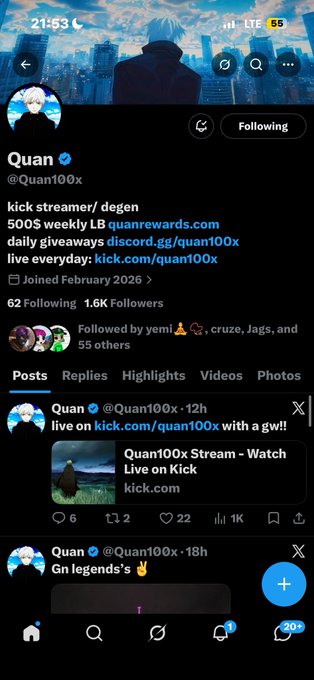 A Twitter/X profile screenshot for user "Quan" (@Quan100x), a kick streamer with 1.6K followers who streams live on kick.com/quan100x and posts "Gn legends's 🔥."