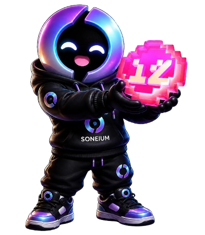 A 3D character wearing a black hoodie with 'SONEIUM' printed on it holds a glowing pink block with the number '14' on it.