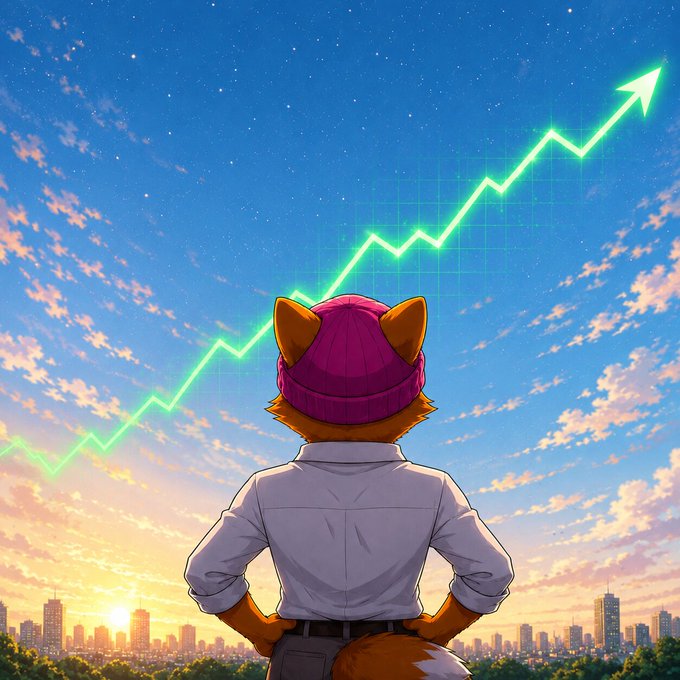An anime-style illustration of an orange fox-like character in a purple beanie looking out over a city skyline at sunset, with a glowing green upward-trending arrow chart overlaid on the sky.