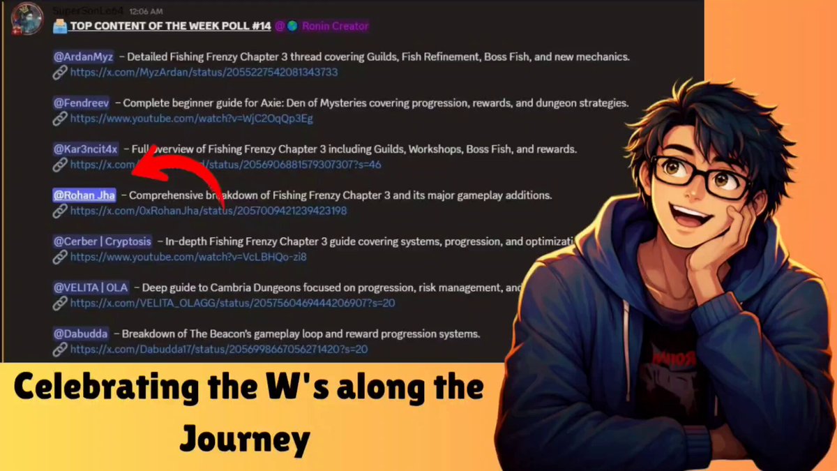 The image features a cartoon man with glasses wearing a blue jacket, who appears to be smiling as he looks at his phone screen. The background of the image has an orange hue that contrasts with the man's blue jacket. On the right side of the image, there is text that reads "Celebrating the W' s along the journey I have been nominated for Best content of the week on Ronin Creators Program For my @FishingFrenzyCo Chapter 3 guide If you are into the Ronin creators program and If you can then please vote for me Voting is ending in less than". The man's smile suggests that he might be reading a funny or interesting message, possibly related to the post about celebrating the W' s along the journey.