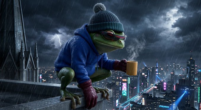 A frog wearing a beanie, sunglasses, and a blue hoodie perches on a rooftop ledge during a stormy night, holding a steaming mug while overlooking a rain-soaked cityscape. The image's moody, contemplative vibe mirrors the post's weary reflection on the absurdity of high-leverage crypto trading and the unfulfilled promises of financial innovation.