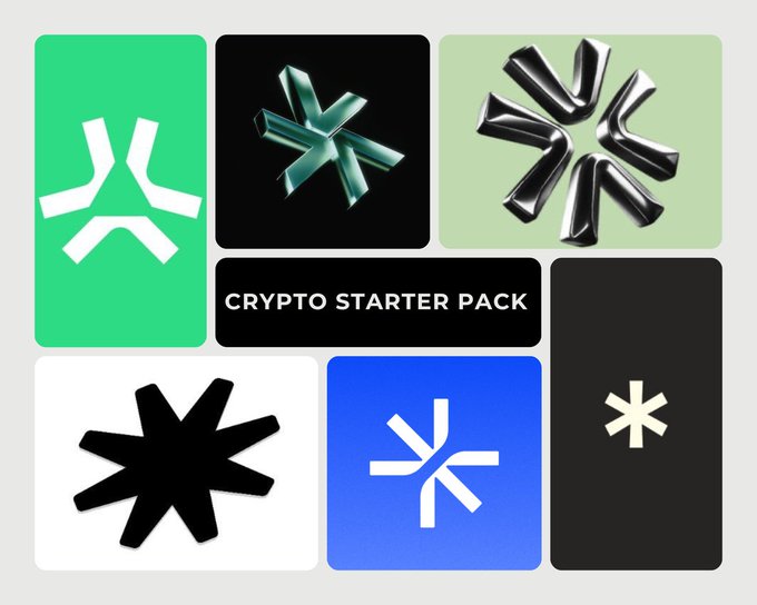 A 'Crypto Starter Pack' graphic displaying six different stylized logos on various colored backgrounds, including abstract star and asterisk designs in green, black, light green, white, blue, and dark gray.