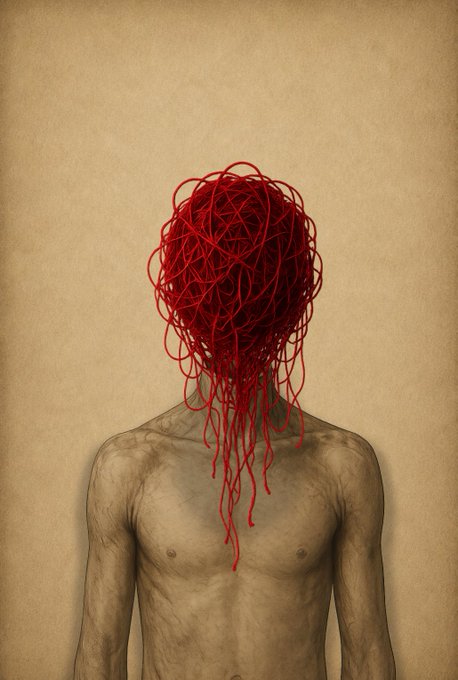 A shirtless figure with veins visible beneath gray-toned skin has a tangled mass of red yarn replacing its head, with loose threads dripping down its chest. This striking piece, titled "Tangle," is the artwork being celebrated by the artist for its inclusion in the 2026 Community Artist Showcase at NFT.NYC.