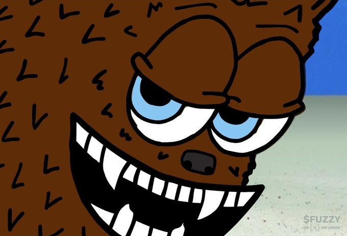 A menacing cartoon bear with sharp fangs and narrowed blue eyes grins aggressively against a sandy beach backdrop, with the watermark "SFUZZY.COM" and "RKPLEDGER" visible in the bottom right—symbolically representing the bearish market downturn referenced in the caption's warning about the "bear" causing everything to "dip."