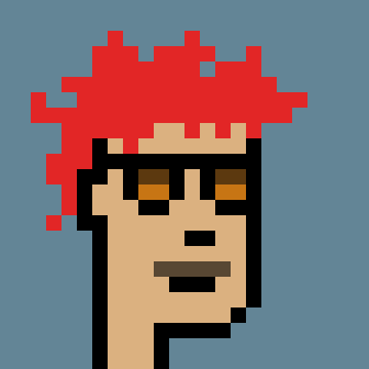 A low-resolution pixel art avatar of a person with brown skin, dark hair, and a mustache set against a split blue and maroon background.