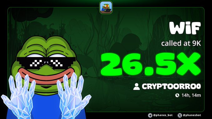 A promotional graphic featuring a Pepe the Frog meme wearing pixelated 'deal with it' sunglasses and hologram gloves, advertising 'WiF called at 9K' with a 26.5x return on CRYPTOORROO.