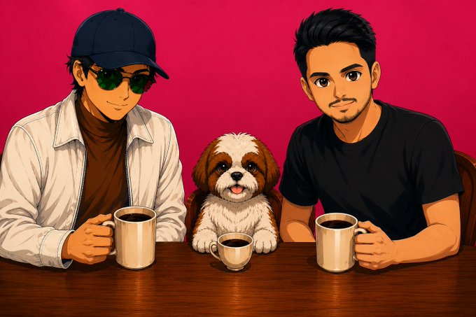 An anime-style illustration of two men and a small fluffy dog sitting at a wooden table with coffee mugs, set against a pink background.