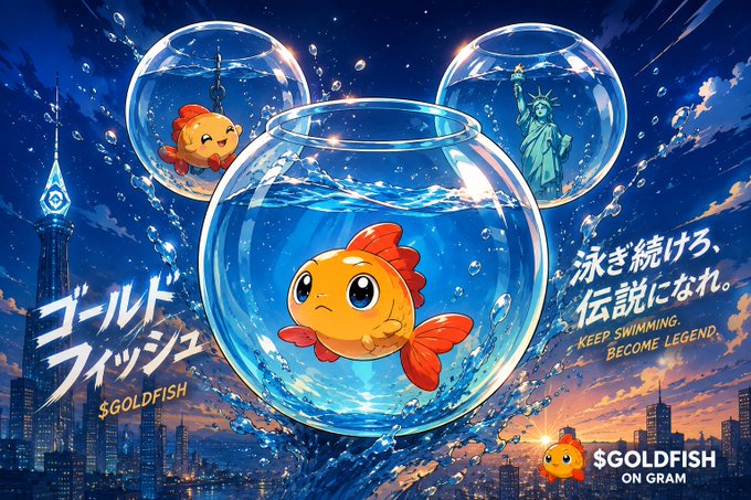 The image features a cartoon goldfish swimming inside a glass fishbowl, with three other fish in separate bowls surrounding it. The background of the image depicts a city skyline at sunset, creating an urban atmosphere for the scene. The text on the image includes Japanese characters and mentions a "GOLDFISH" advertisement, suggesting that this is part of a marketing campaign or promotional material related to goldfish or aquariums.