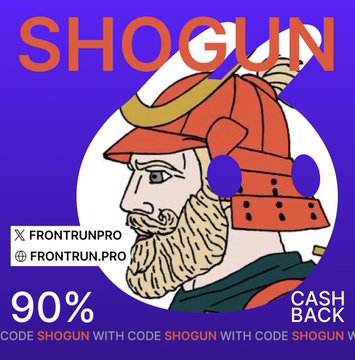 A vibrant purple promotional graphic featuring an illustrated samurai wearing a red helmet with horns, advertising "SHOGUN" in bold orange text at the top, with "FRONTRUNPRO" branding, a "90% CASH BACK" offer, and the promo code "SHOGUN" repeated at the bottom—tying into the announcement of Shogun joining Frontrun as a new affiliate focused on trader education and community.