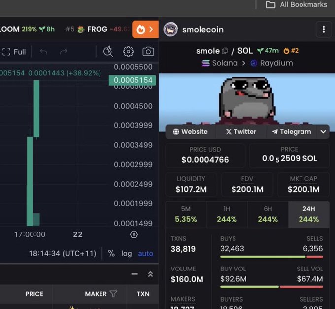 A crypto trading interface showing the $SMOLE/$SOL token on Solana with a $107.2M liquidity and $200.1M FDV, displaying a 244% surge across multiple timeframes alongside a pixelated frog meme graphic. The chart on the left shows a dramatic price spike reaching 0.0005154 with 38,819 transactions heavily favoring buyers (32,463 buys vs 6,356 sells), illustrating the relaunch pump referenced in the post.