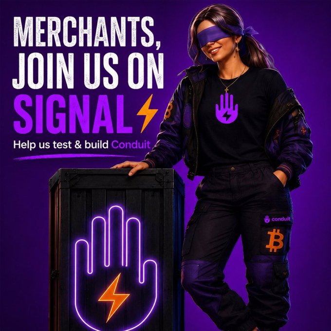 A promotional graphic with a purple background features a blindfolded woman standing next to a crate with a glowing neon hand logo, with text reading 'MERCHANTS, JOIN US ON SIGNAL' and 'Help us test & build Conduit'.