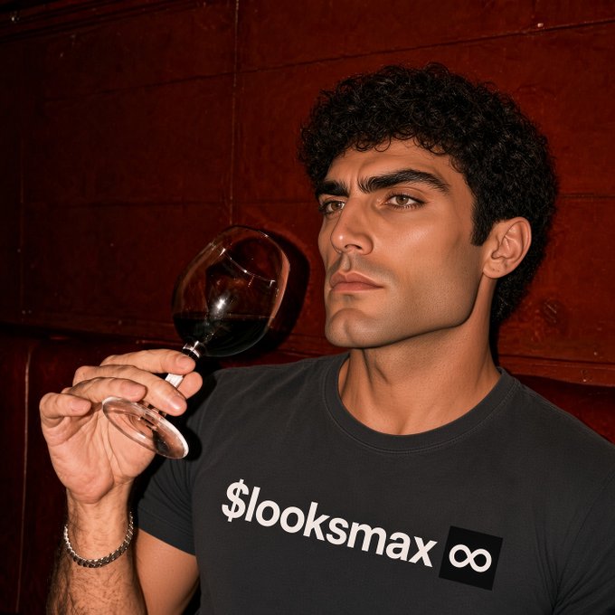 A man with curly hair holds a glass of red wine while wearing a black t-shirt displaying the text "$looksmax ∞" in white lettering. The image aligns with the post's playful meme concept about a fictional $looksmax token holder undergoing facial reconstruction surgery in Turkey, visually representing the "after" with enhanced features.