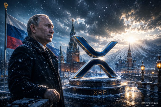 The image depicts a stylized depiction of Vladimir Putin in Moscow with a large XRP logo, suggesting Russia's largest bank is preparing to launch crypto services by December 1st. The XRP ticker is clearly visible beneath the logo.