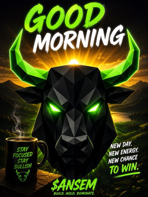 A motivational crypto-themed poster featuring a geometric black bull with glowing green horns and eyes, with 'GOOD MORNING' text and 'STAY FOCUSED, STAY BULLISH' on a coffee mug, plus '$ANSEM - BUILD. HOLD. DOMINATE.' and 'NEW DAY. NEW ENERGY. NEW CHANCE TO WIN.' text.