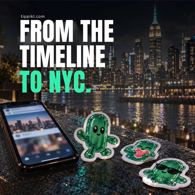 A promotional image for tippikl.com with the text 'FROM THE TIMELINE TO NYC', showing a smartphone and green cactus stickers on a ledge overlooking the New York City skyline at night.