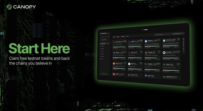 Identical to the previous image: a Canopy promotional banner with 'Start Here' and 'Claim free testnet tokens and back the chains you believe in' next to a tablet showing a token rewards dashboard.