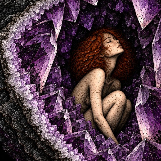 An artistic illustration of a red-haired figure curled up amid purple crystalline structures and what appears to be grape-like clusters, rendered in a fantasy style.