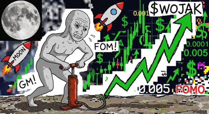 A meme-style collage featuring the Wojak character pumping an air pump connected to a rising green stock chart labeled "$WOJAK," surrounded by rocket ships and text like "MOON," "FOMO," and "GM!" The imagery visually represents the hype and aggressive upward momentum of a speculative "meme coin" investment.