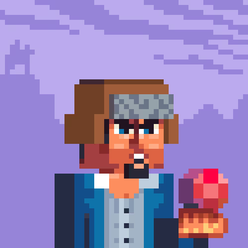 The image features a man wearing a brown hat and blue jacket holding an object that appears to be a red ball or apple. The background shows a purple sky with clouds, giving the scene a whimsical atmosphere. The caption of the image reads "mf swap that kat one with me @mirror_web3 tell him to gimme my kat back haha joke aside, officially part of green, mine looks like a wizard". This post seems to be related to the game Minecraft, as it features a character named Kat who is holding an apple. The image also contains text that reads "mf swap that kat one with me @mirror_web3 tell him to gimme my kat back haha joke aside, officially part of green, mine looks like a wizard".