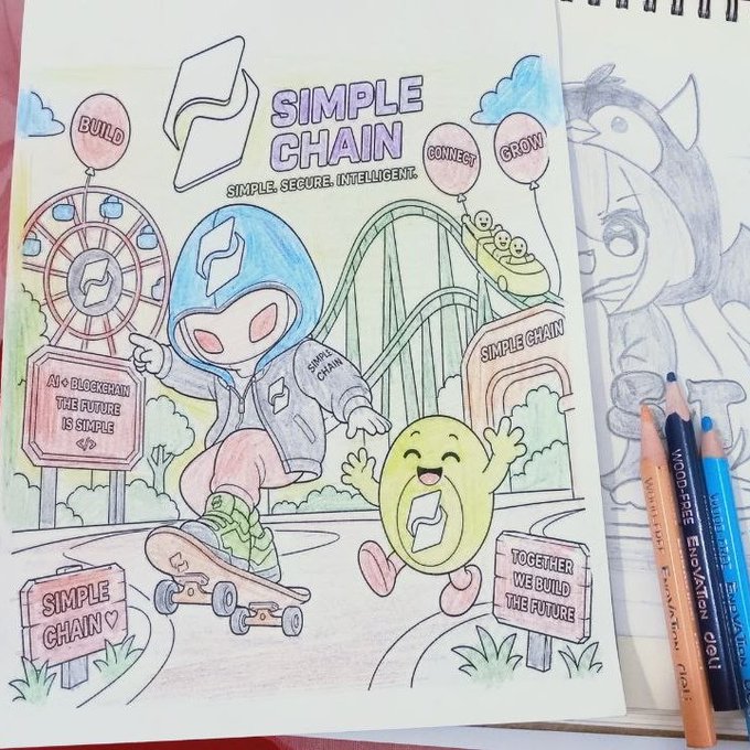 A colored pencil drawing in a sketchbook depicting a cartoon character on a skateboard, a smiling green blob character, and text reading 'SIMPLE CHAIN - SIMPLE. SECURE. INTELLIGENT.' with themes of 'BUILD', 'CONNECT', and 'GROW'.