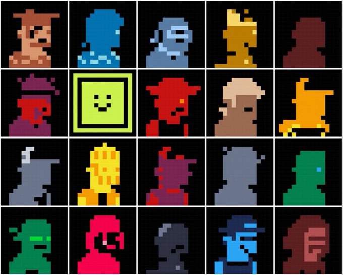 A grid of 20 pixel art character sprites featuring various stylized figures, including one highlighted with a green border and smiley face in the second row.