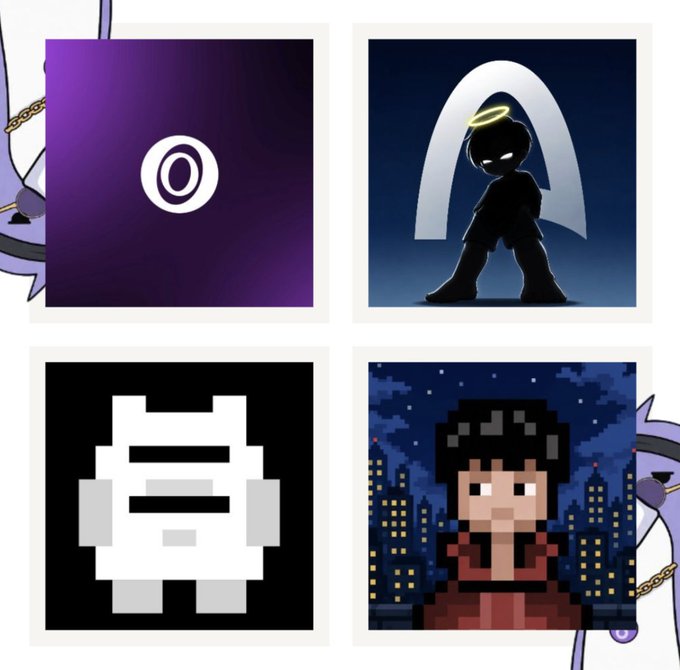 A collage of four images including a purple gradient with a white 'O' eye logo, a dark silhouette of an angel-like figure with a halo and wings, a pixelated white robot face on black, and a pixel-art portrait of a person with dark hair against a nighttime city skyline.