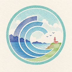 A circular crest-style illustration depicting a stylized seascape with curling blue waves, a lighthouse on a grassy cliff, distant mountains, and seagulls in flight, visually symbolizing the multi-stage "cross-chain journey" referenced in the BTTC post about measuring transaction pathways.