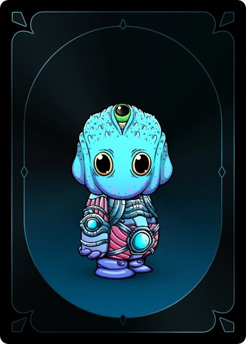 A tarot-style card illustration of a cute blue three-eyed alien character wearing pink robes and holding a glowing orb.