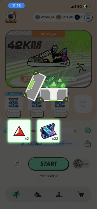 A mobile game screenshot showing a 42KM Jogger sneaker NFT card and rewards, with the phone time at 11:15.