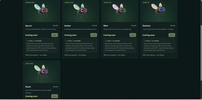 A NFT collection page showing fantasy insect characters (Sprout, Amber, Mint, Stardust, Peach) each with rarity levels, descriptions, and 'Coming soon' status with timers.