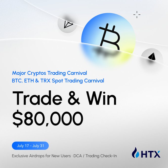 A promotional graphic for HTX's "Major Cryptos Trading Carnival" running July 17–July 31, featuring a Bitcoin sphere and bold text announcing a chance to "Trade & Win $80,000" in BTC, ETH, and TRX spot trading airdrops. The image visually reinforces the post's message about competing for a share of the $80,000 prize pool through DCA, trading check-ins, and copy trading leaderboards.
