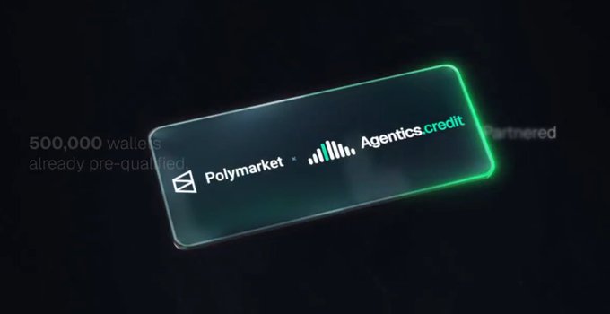 A dark graphic featuring a glowing green-bordered card displaying 'Polymarket × Agentics.credit' partnership, with text noting '500,000 wallets already pre-qualified' on the left side.