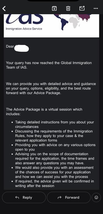 An email screenshot from IAS Immigration Advice Service addressing a recipient regarding an 'Advice Package' that includes detailed instructions, guidance on Immigration Rules, application form advice, and documentation requirements.
