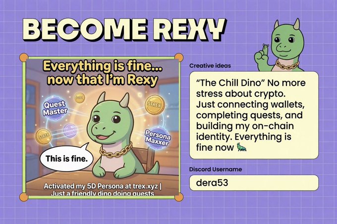 The image features a cartoon green dragon sitting at a desk with a computer screen behind him, which displays a message about becoming Rexy. The text on the screen reads "Everything is fine... now that I'm Rexy". This implies that the dragon has successfully transitioned from one state to another and is now promoting the benefits of using Rexy for various tasks or projects.